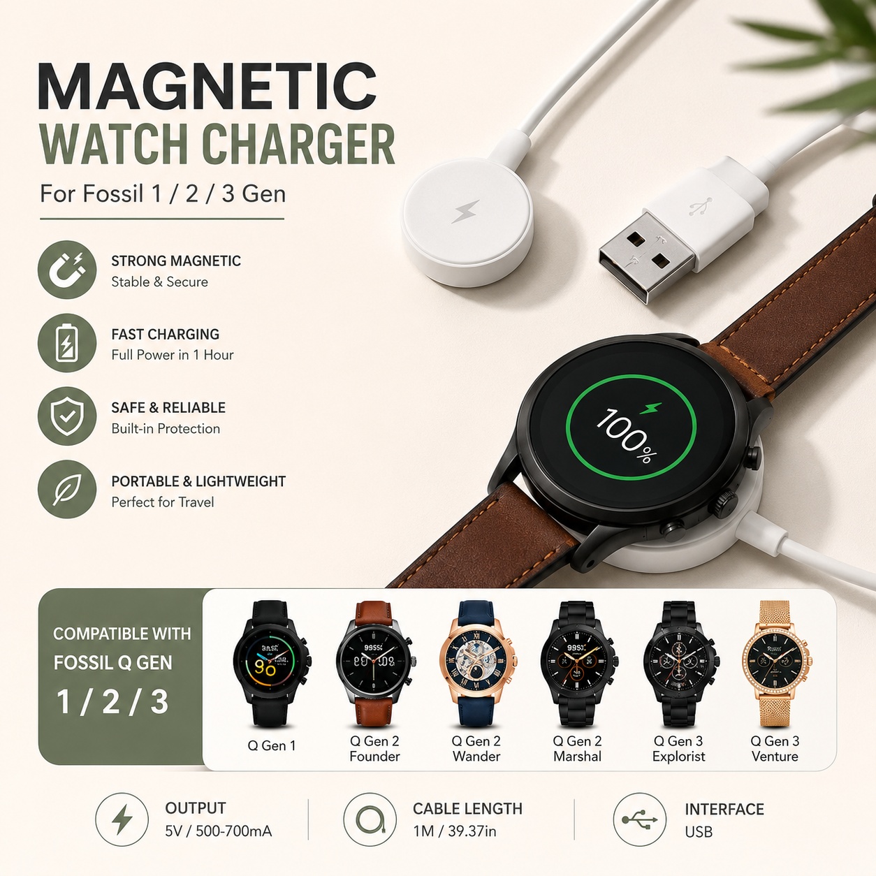 Fossil Watches Smartwatch Charger - Adattatore USB per caricabatterie per orologio,